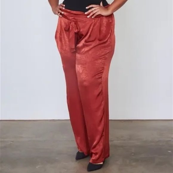 Plus Size Rust Frill Waist Belted Pants - Picture 1 of 3